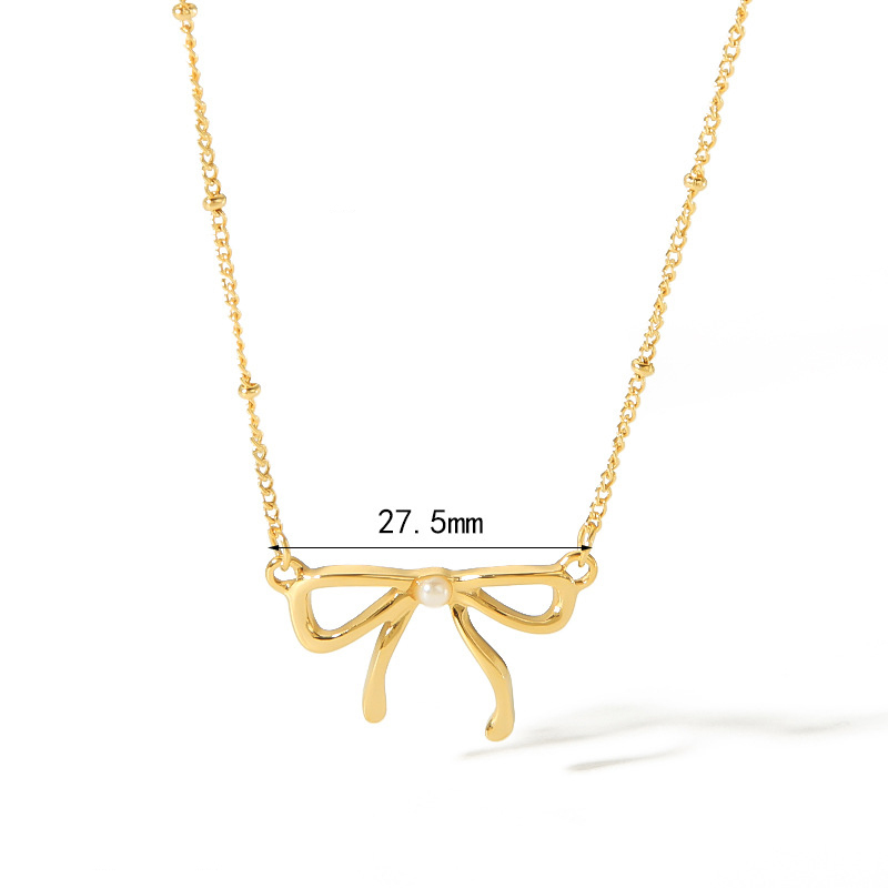 18K Stainless Steel Bowknot Pendant Necklace inlay with Pearl