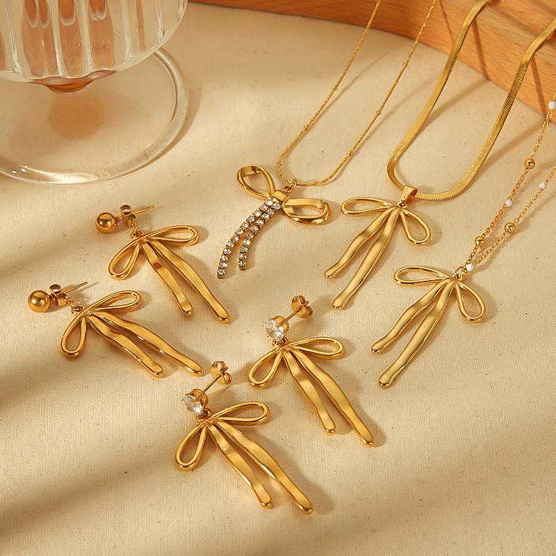 Minimalist 316L Stainless Steel Bead Chain Bow Pendant Necklace