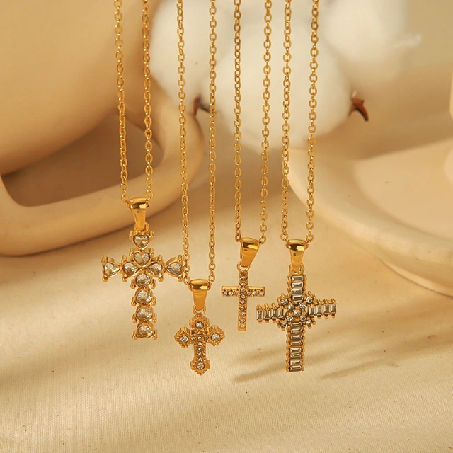 Sparkling Cross Pendant Necklace Studded Rhinestones in Stainless Steel