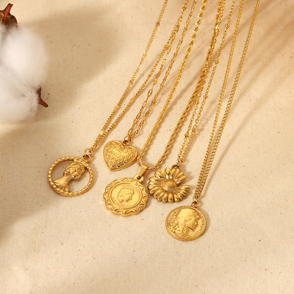 Sunflower Pendant Stainless Steel Station Necklace