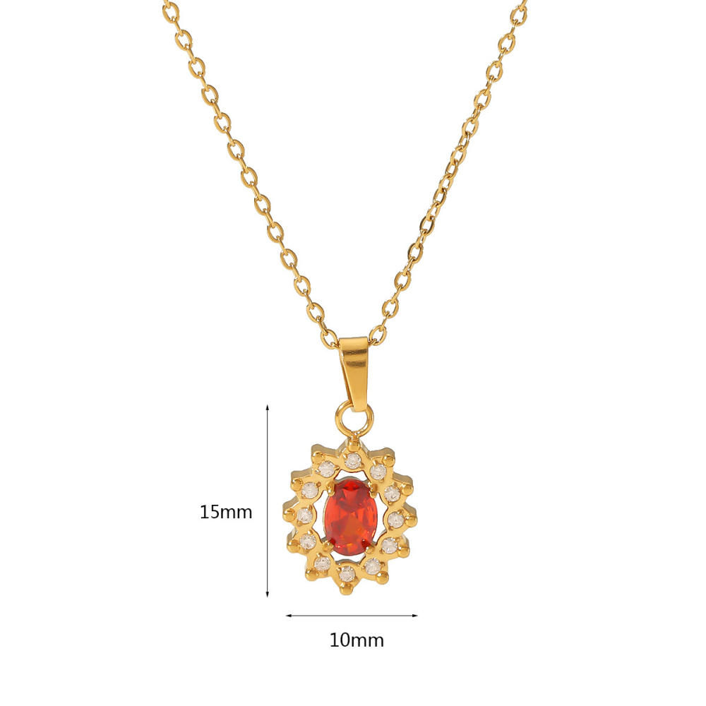 Geometric Pendant with Rhinestones Encircling Oval Zirconia Stainless Steel Necklace