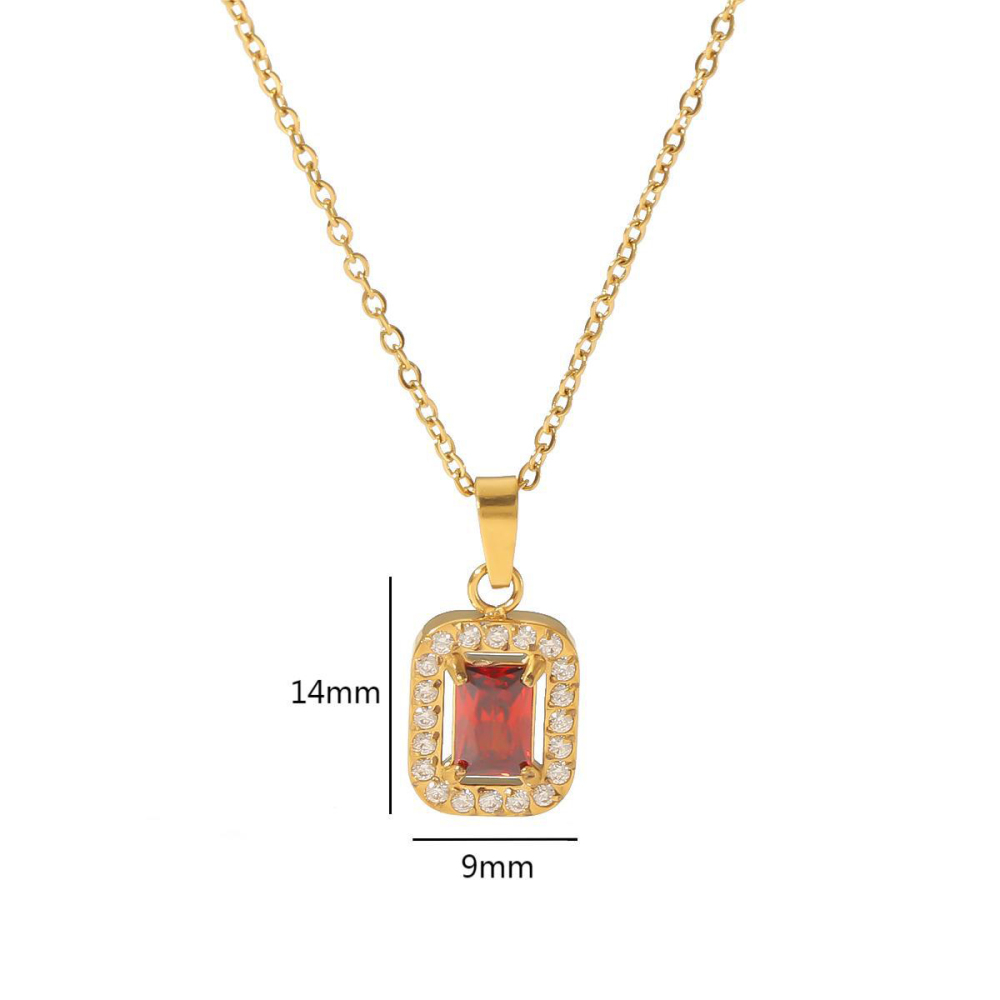 Rhinestones Around Zirconia Square Pendant Necklace Stainless Steel