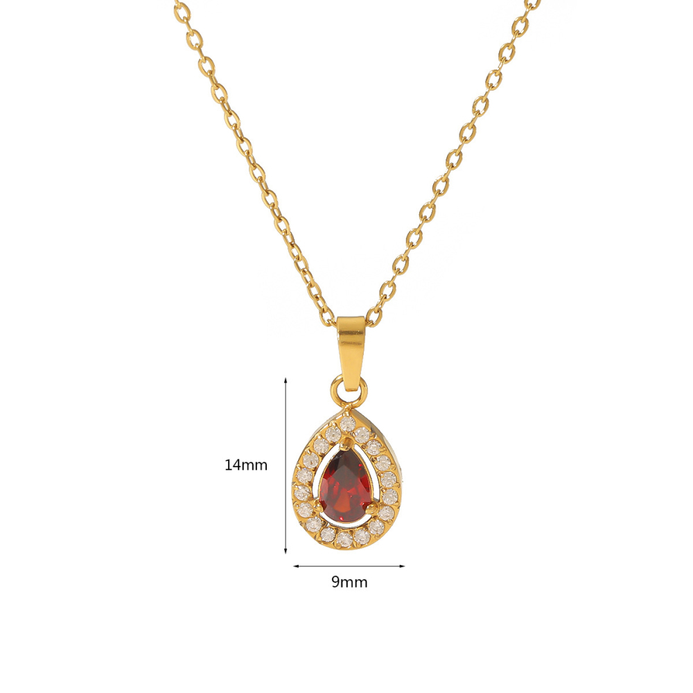 Teardrop Pendant with Rhinestones Encircling Zirconia Stainless Steel Necklace
