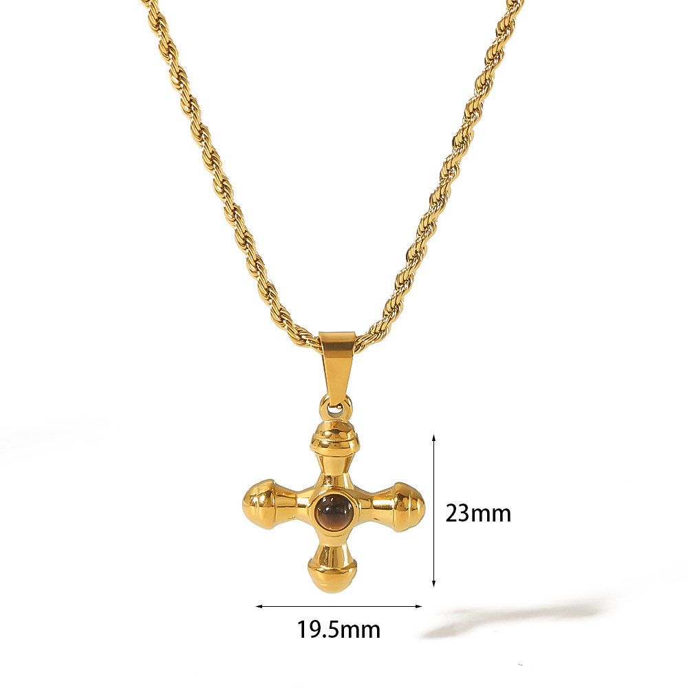 French 18K Gold Stainless Steel Natural Stone Cross Pendant Necklace