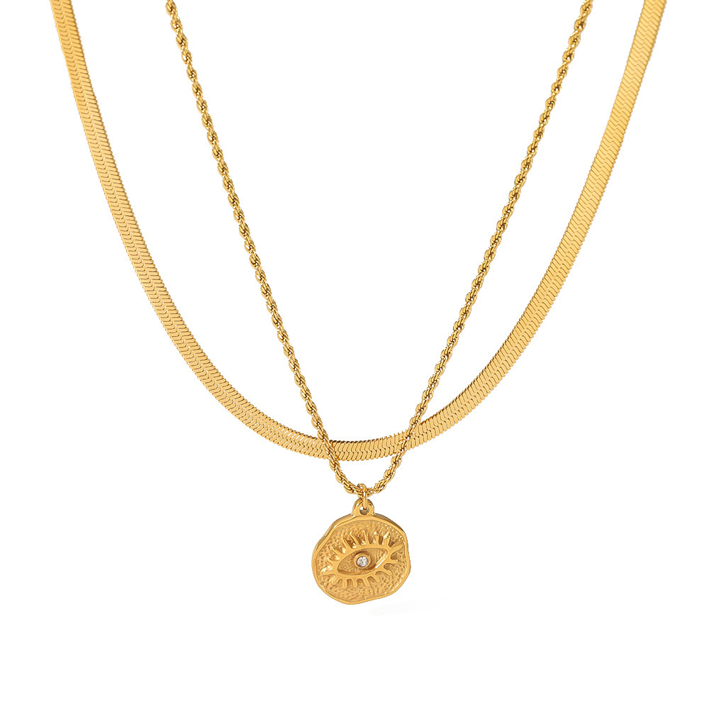 18K Vintage Stainless Steel Double Layer Necklace with Devil's Eye Pendant