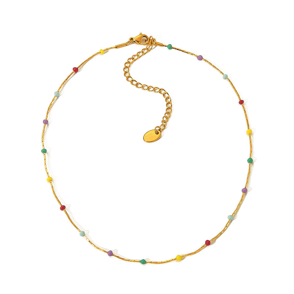 PVD Coated Stainless Steel Round Rhinestone Station Necklace