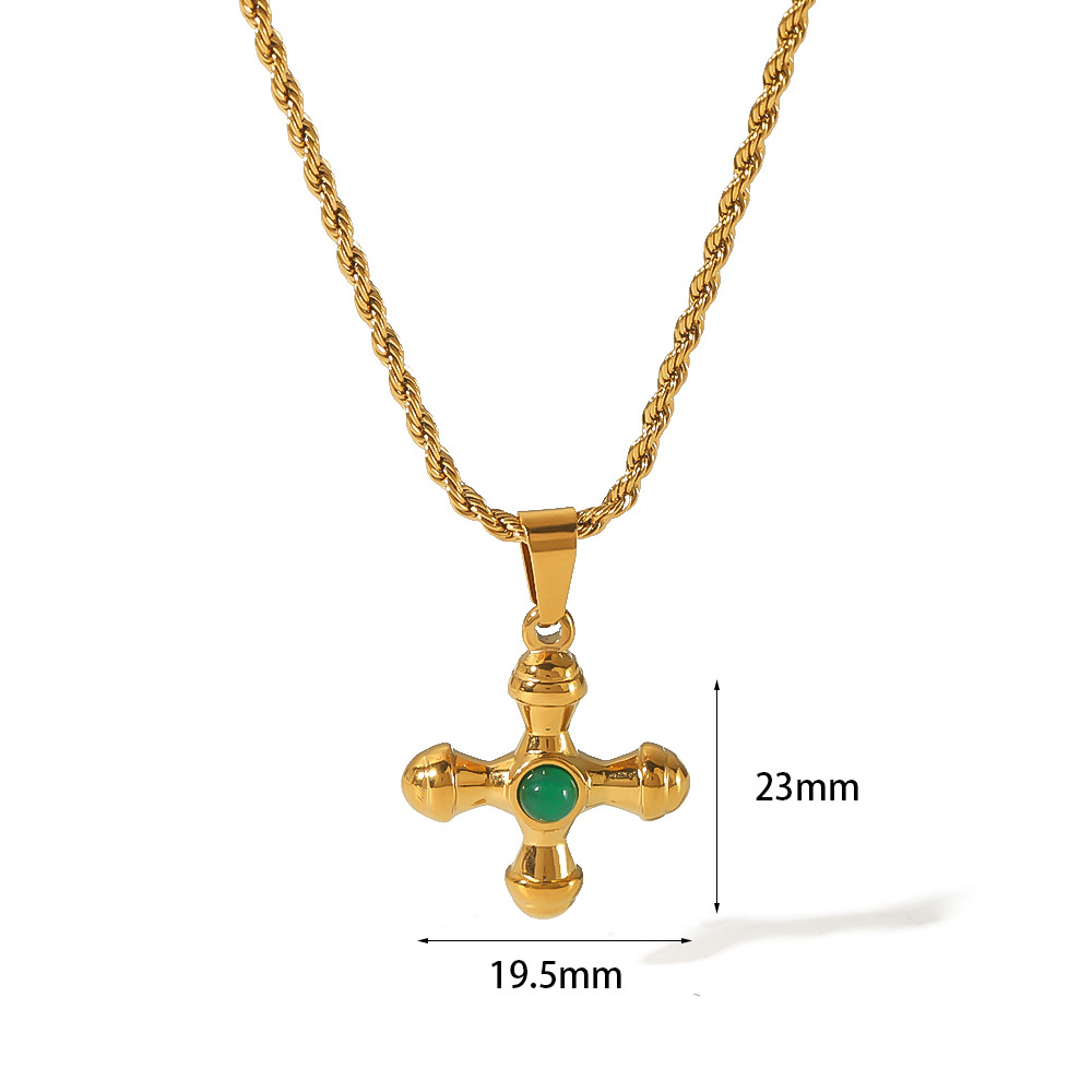French 18K Gold Stainless Steel Natural Stone Cross Pendant Necklace