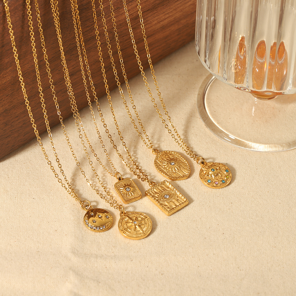 Vacuum Plating Square Pendant Necklace With Rhinestone in Stainless Steel