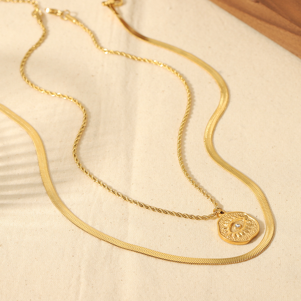 18K Vintage Stainless Steel Double Layer Necklace with Devil's Eye Pendant