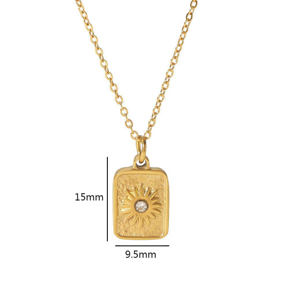 Vacuum Plating Square Pendant Necklace With Rhinestone in Stainless Steel