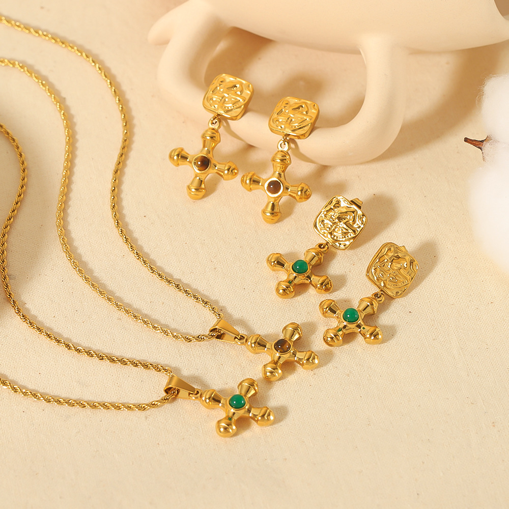 French 18K Gold Stainless Steel Natural Stone Cross Pendant Necklace