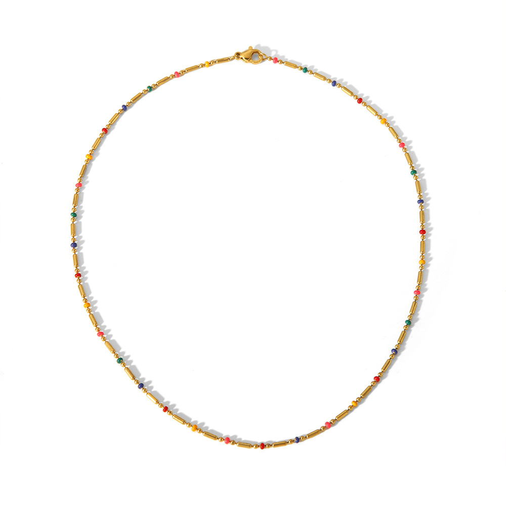 PVD Coated Stainless Steel Round Rhinestone Station Necklace