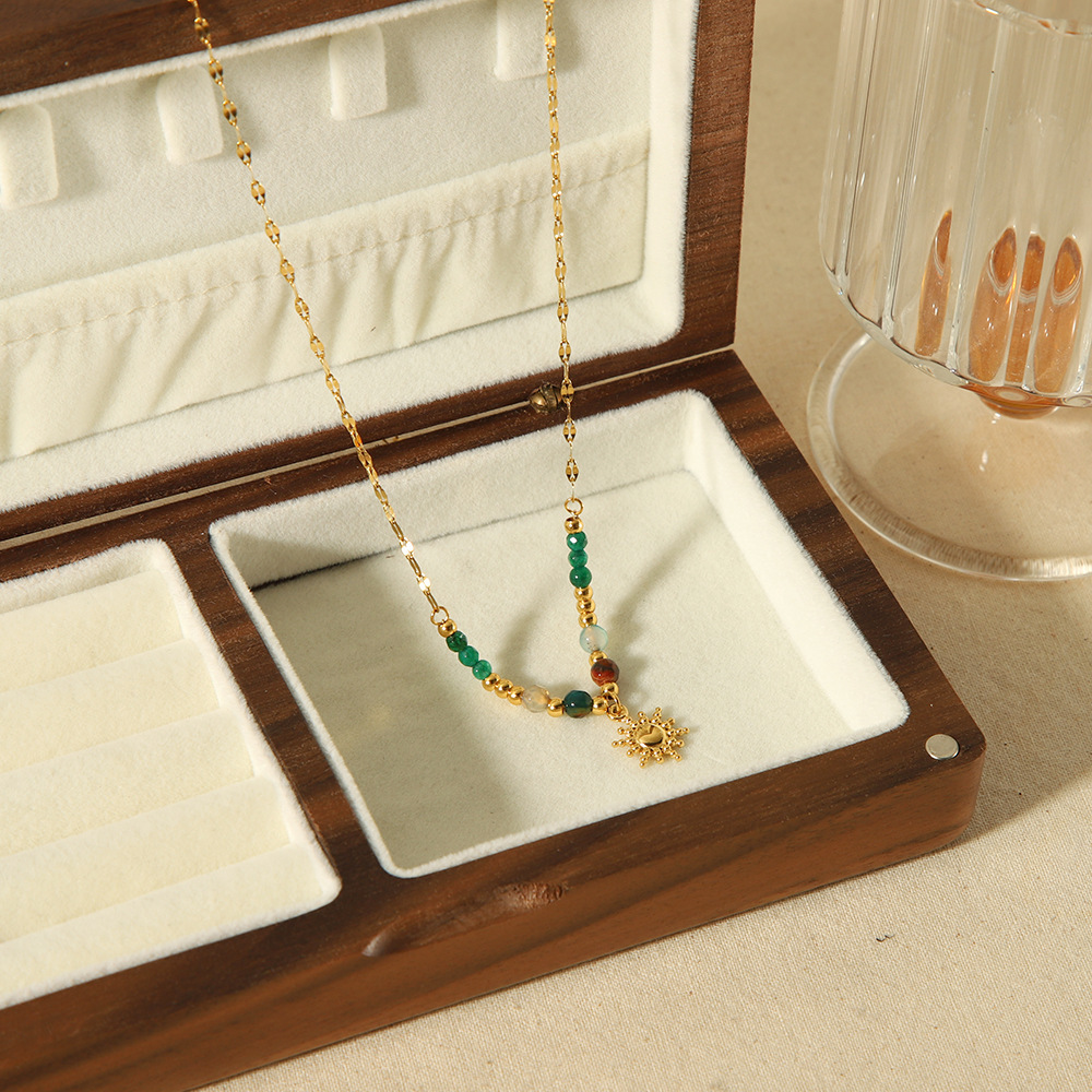 Fashion Natural Stone 18k Gold Stainless Steel Sun  Pendant Necklace