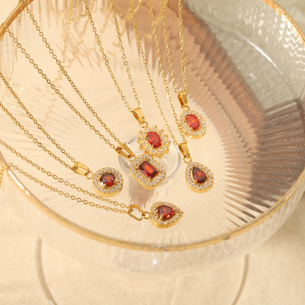 Rhinestones Around Zirconia Square Pendant Necklace Stainless Steel
