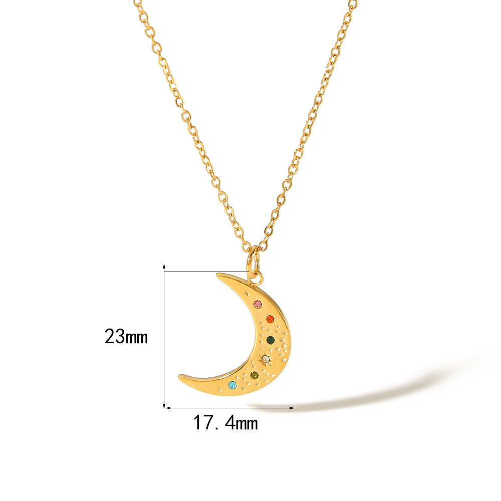 PVD Electroplated Stainless Steel Moon Pendant Necklace with Colourful Rhinestones