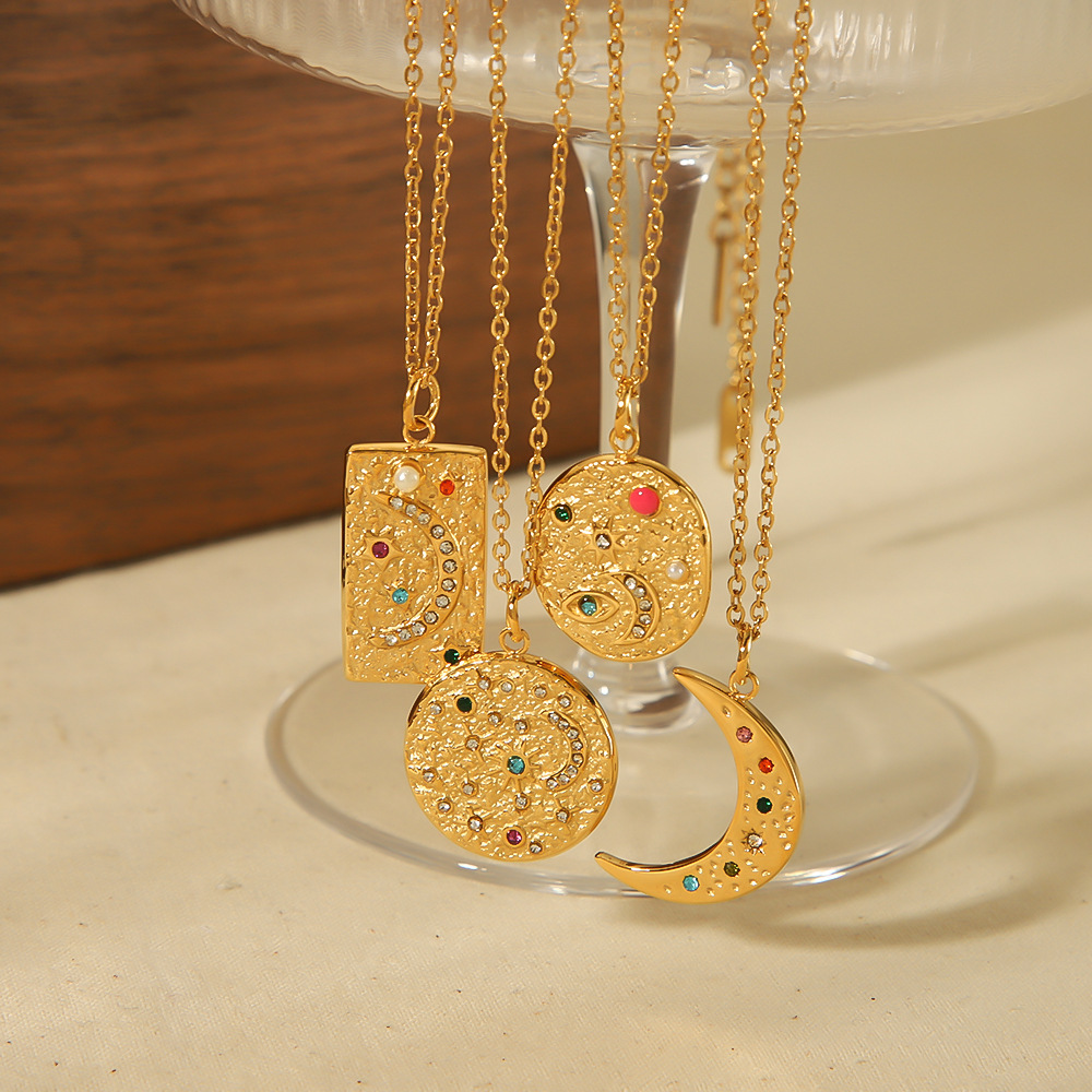 Geometric Pendant Necklace with Colourful Rhinestones Stainless Steel in 18K Plating
