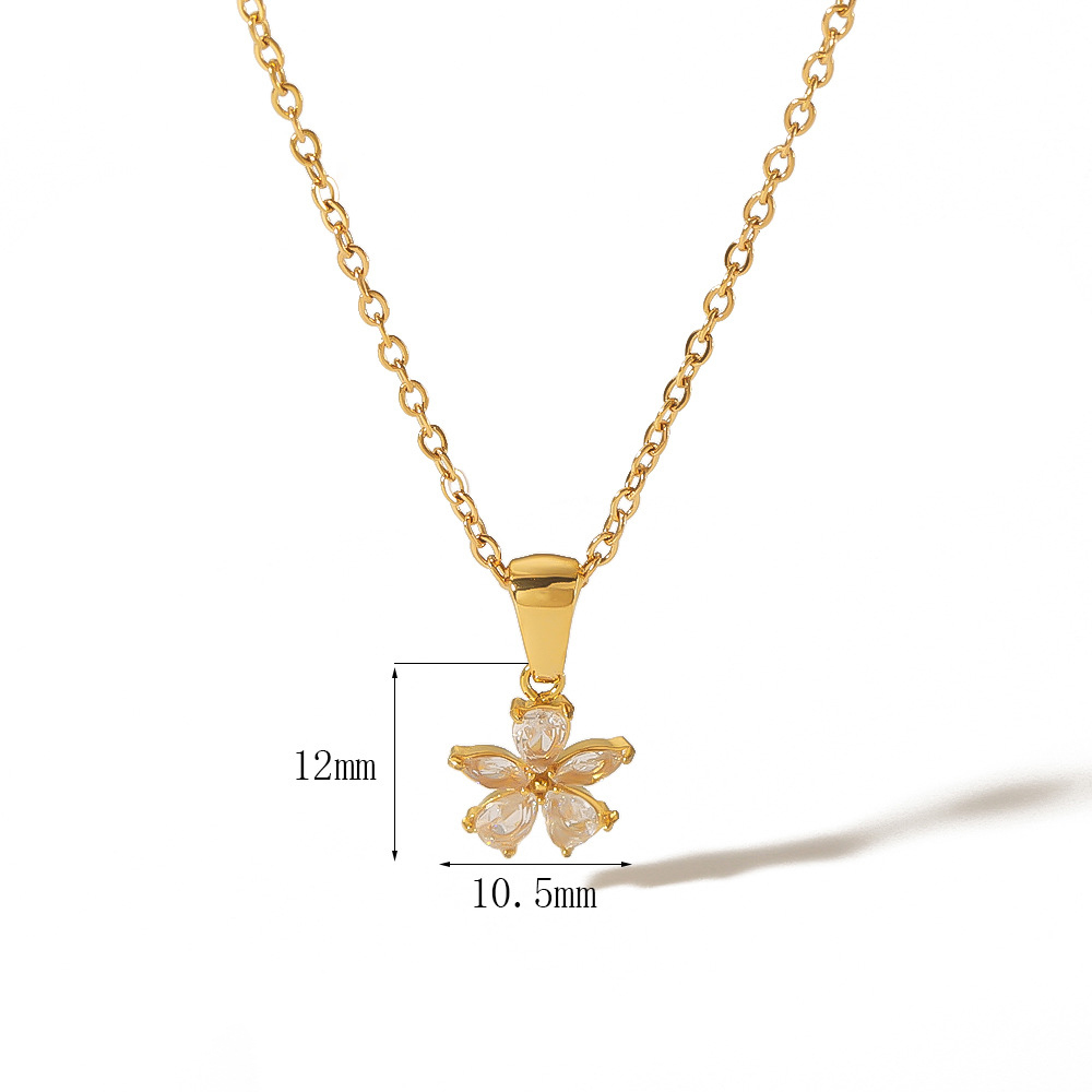 18k Gold Non Tarnish Flower with Rhinestones Lucky Pendant Necklace Stainless Steel