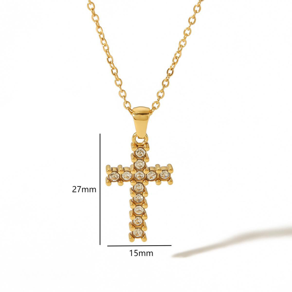 Stylish 18K Gold Stainless Steel Cross with Rhinestones Necklace