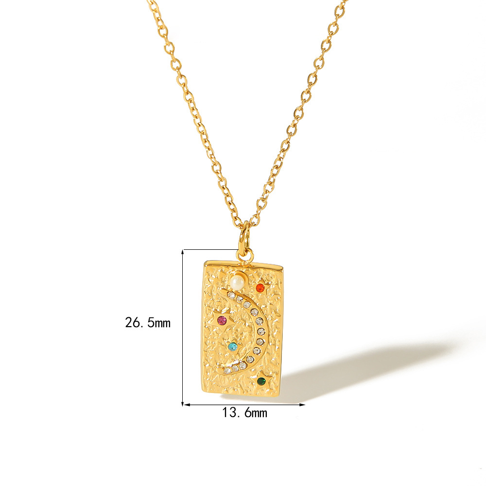 Rectangular Pendant with Colourful Rhinestones & Pearl Necklace Stainless Steel
