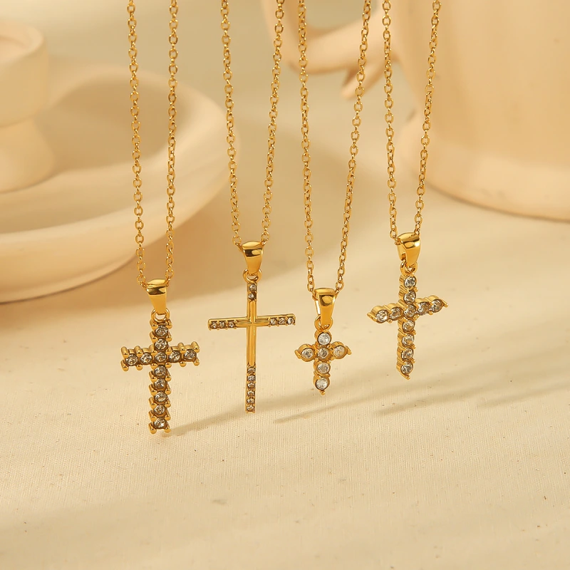 Stylish 18K Gold Stainless Steel Cross with Rhinestones Necklace