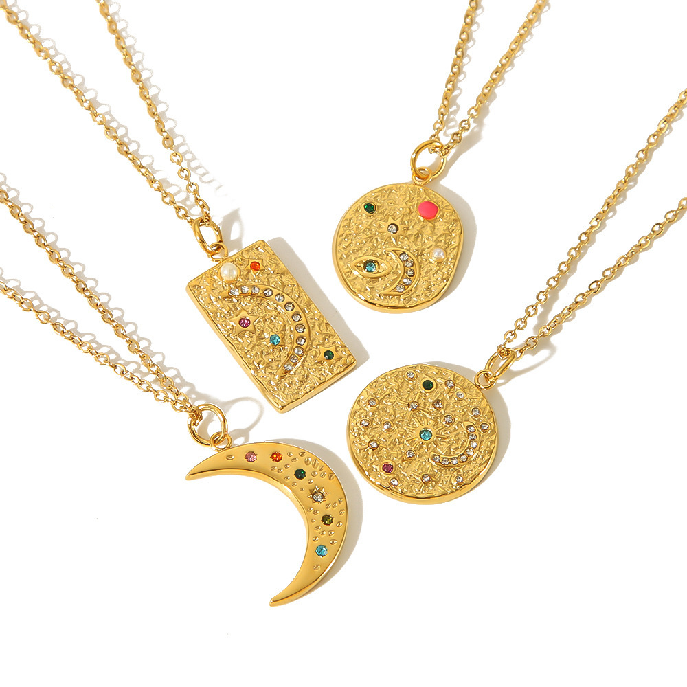 PVD Electroplated Stainless Steel Moon Pendant Necklace with Colourful Rhinestones