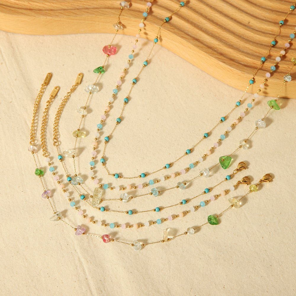 PVD Plated Stainless Steel Bead Necklace with Natural Stones