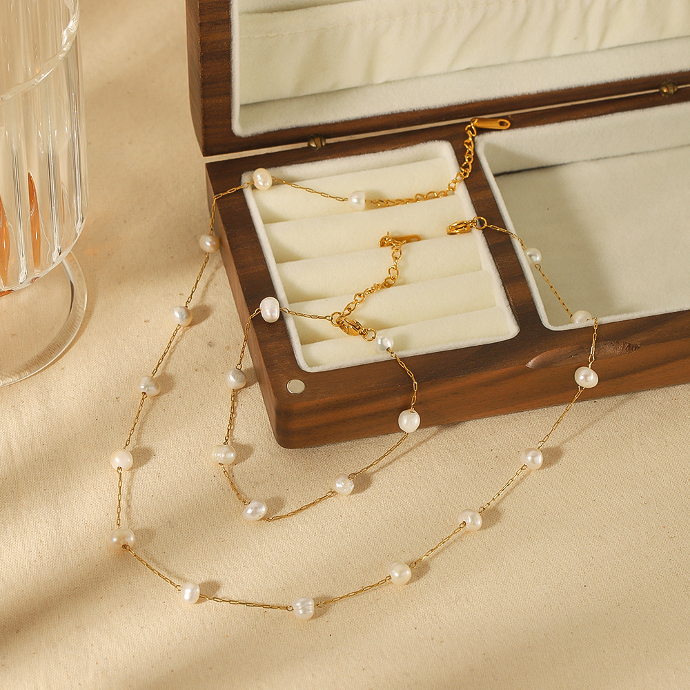 18K Gold Stainless Steel Natural Freshwater Pearl Station Necklace