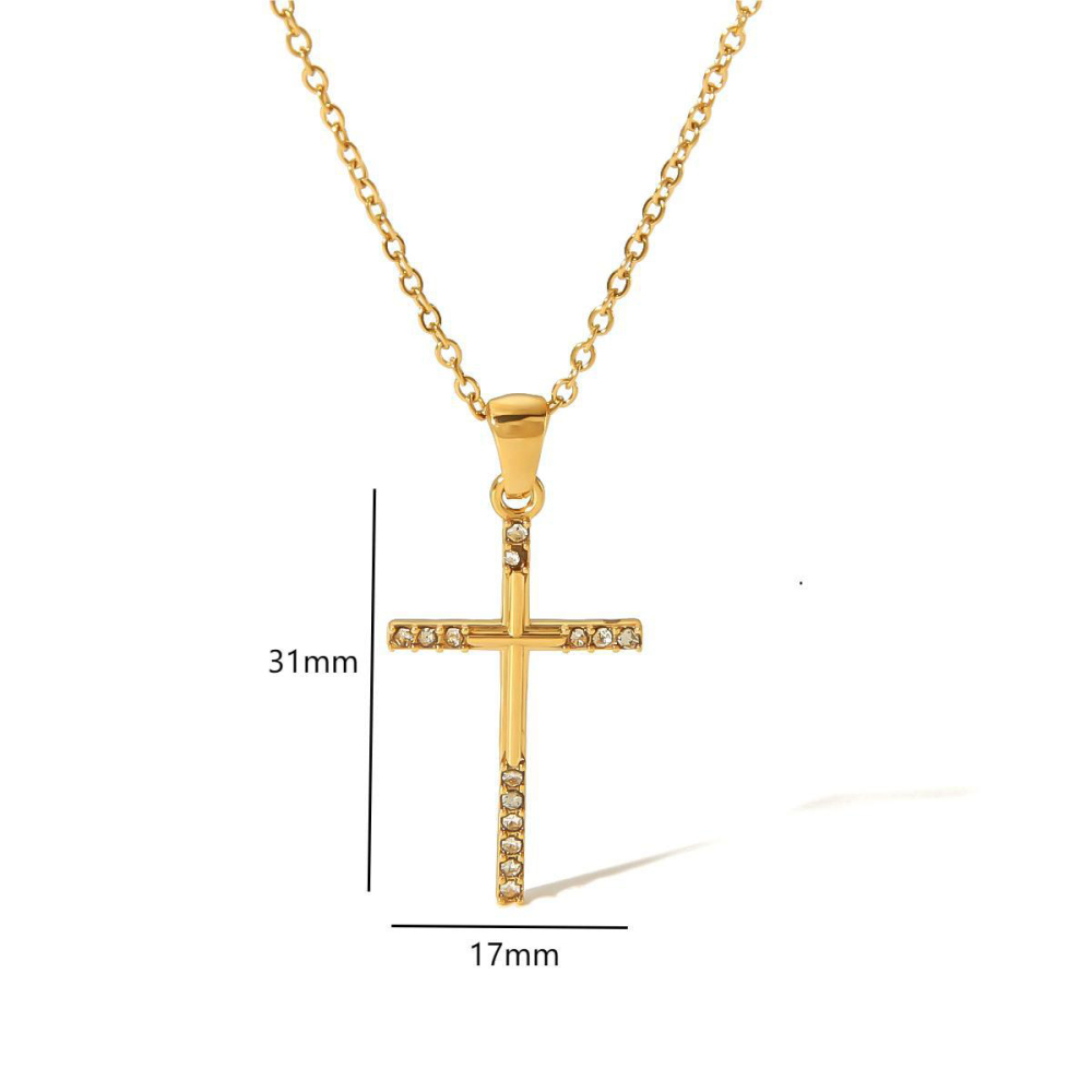 18k Gold Cross with Rhinestones Pendant Necklace Stainless Steel