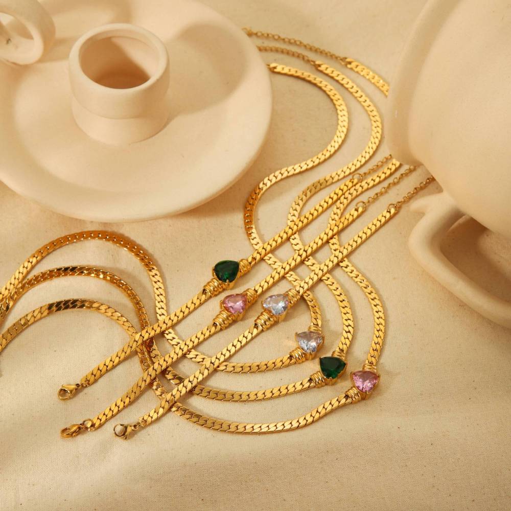 INS Love Heart Colourful Zirconia Necklace 18K Gold Stainless Steel
