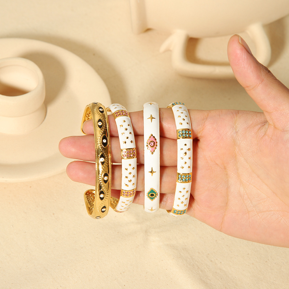 Fashion Enamel Opne Bangle Bracelet 18K Gold Stainless Steel with Rhinestones