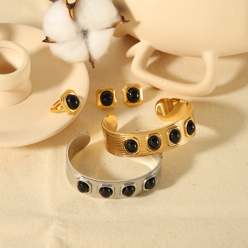 French 18K Gold Stainless Steel Wide Face with Natural Stones Open Bangle
