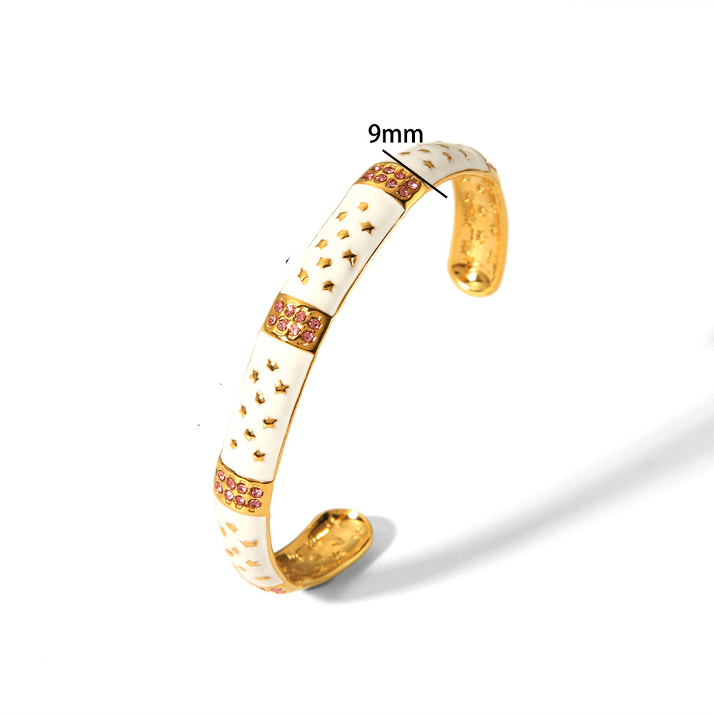 Fashion Enamel Opne Bangle Bracelet 18K Gold Stainless Steel with Rhinestones