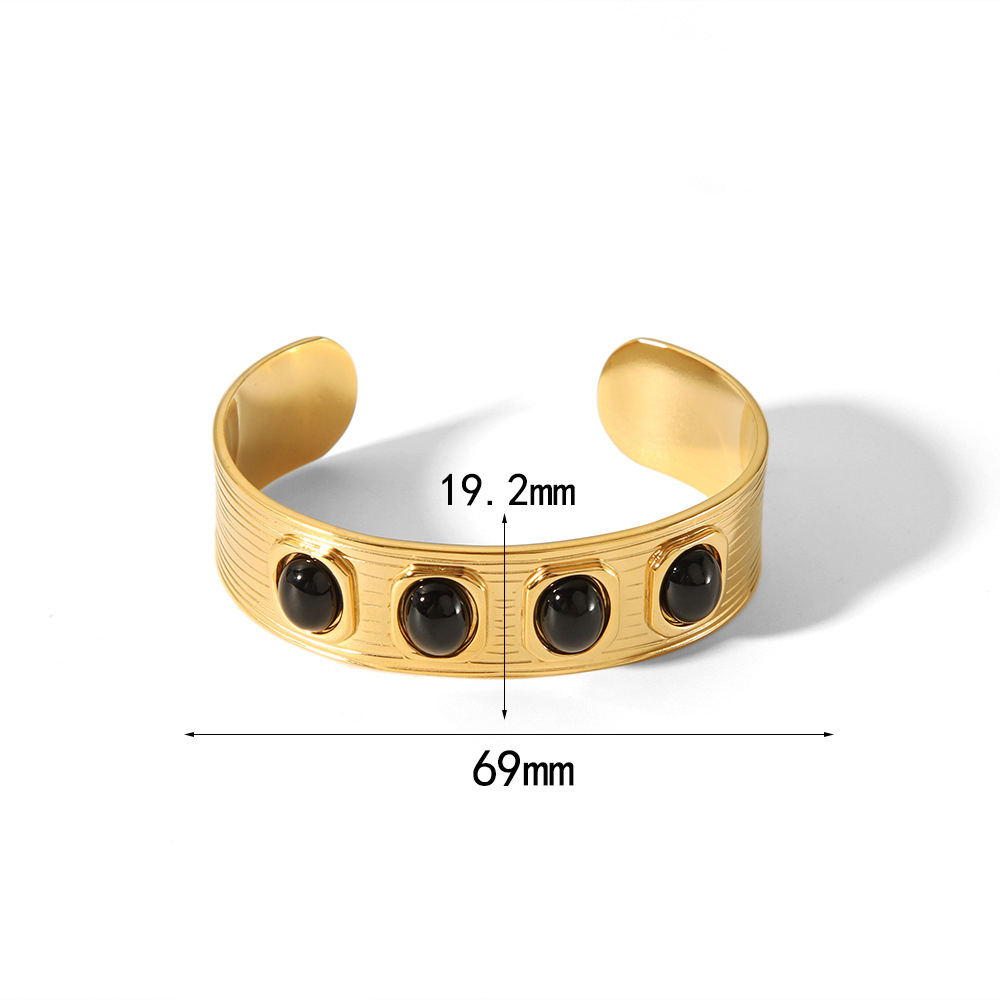 French 18K Gold Stainless Steel Wide Face with Natural Stones Open Bangle