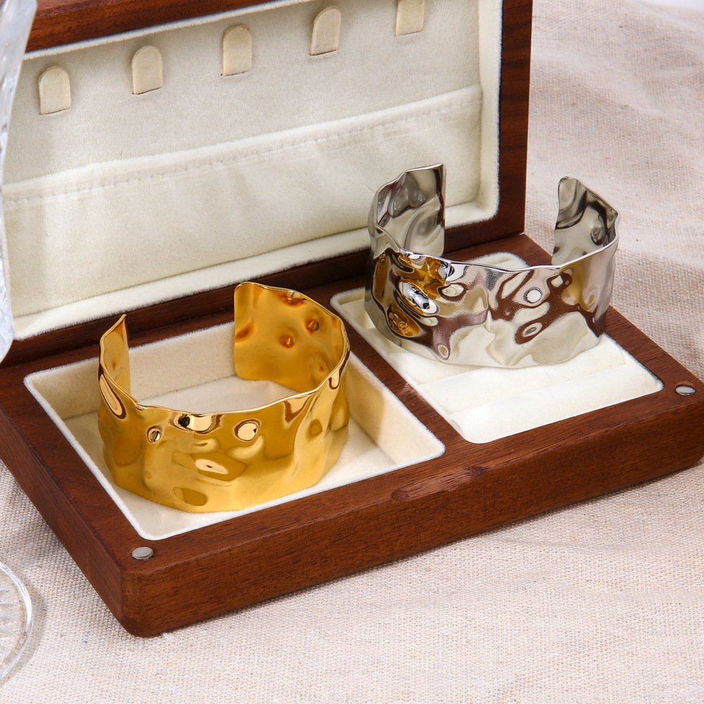 Personalised Hammered Wide Face Open Bangle in 18K Gold Stainless Steel