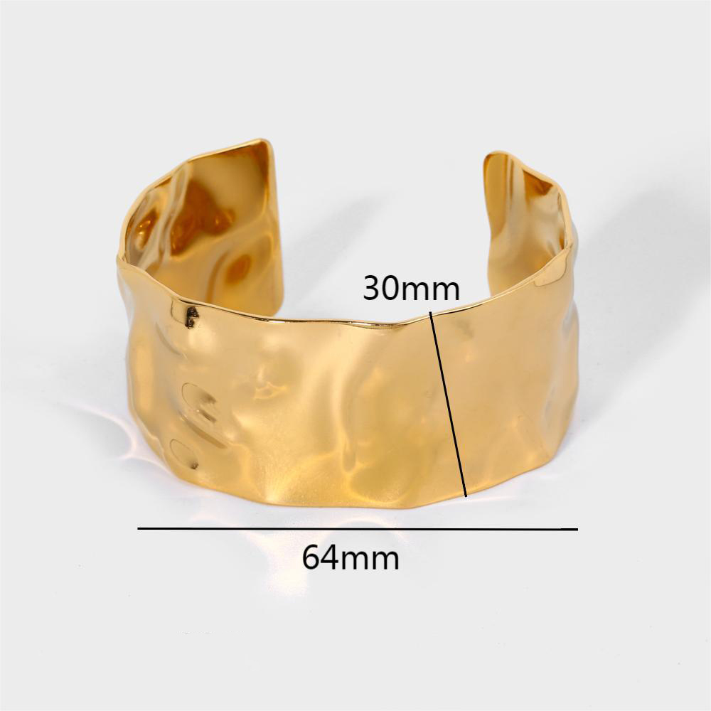 Personalised Hammered Wide Face Open Bangle in 18K Gold Stainless Steel