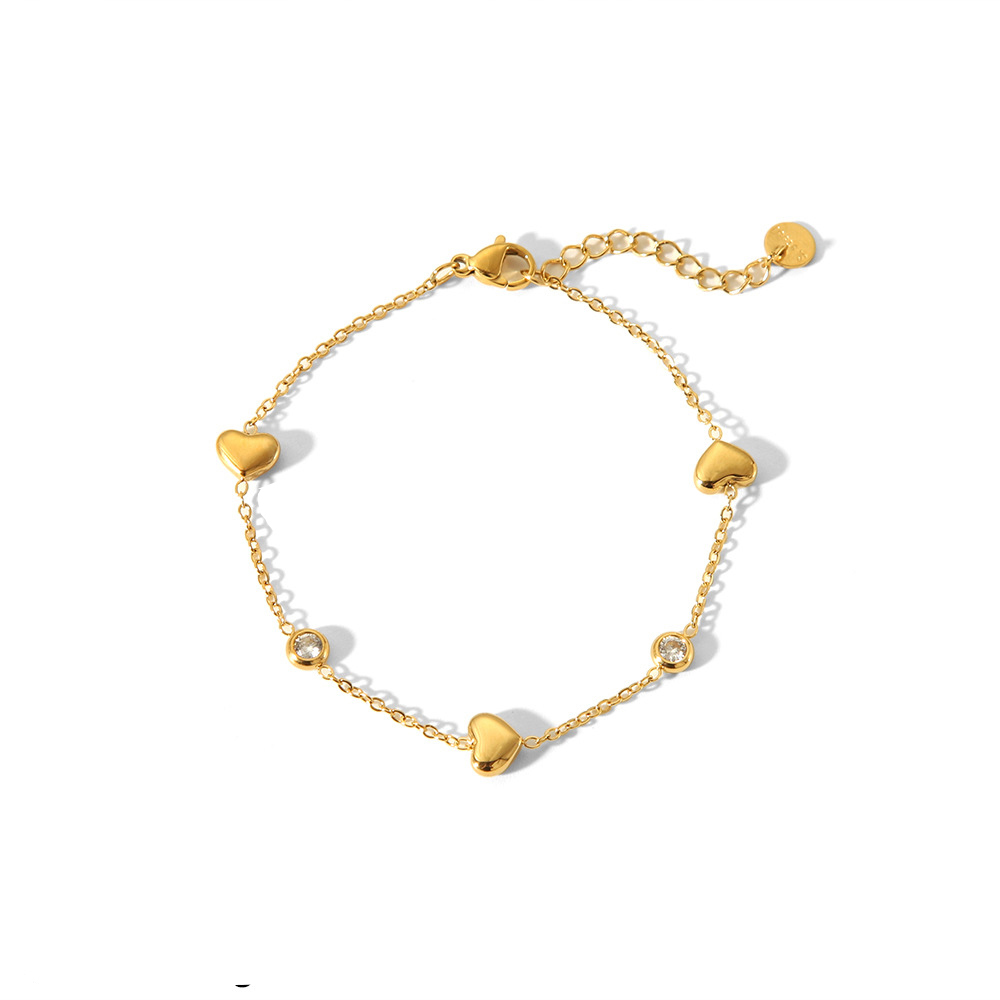 Stainless Steel Station Bracelet Rhinestone & Heart Interlocking