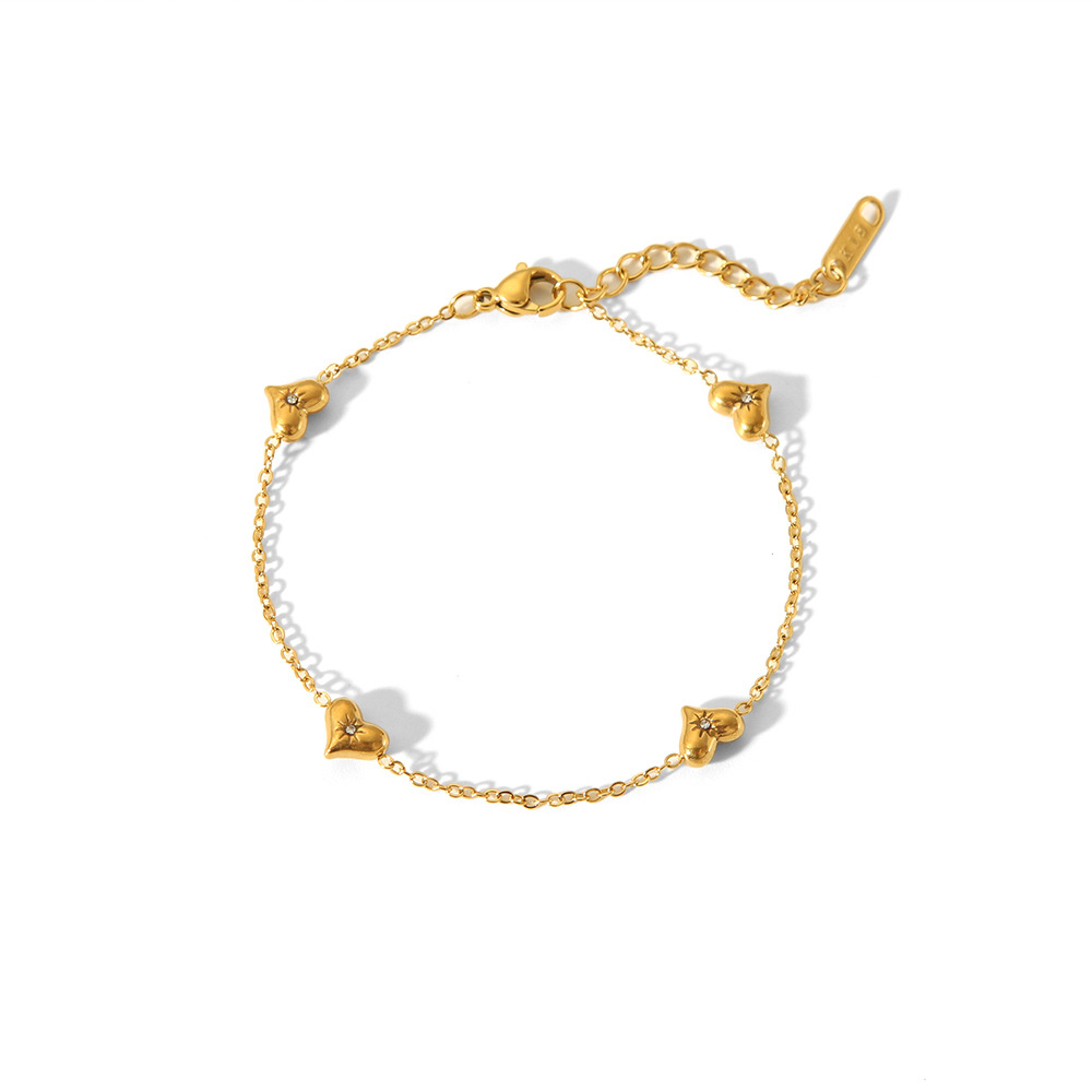 PVD Coated Peach Heart with Rhinestones Stainless Steel Station Bracelet