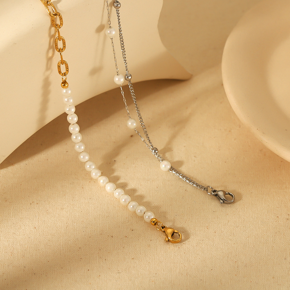 Chic Pearl Splicing 18k Gold Chain Stainless Steel Bracelet