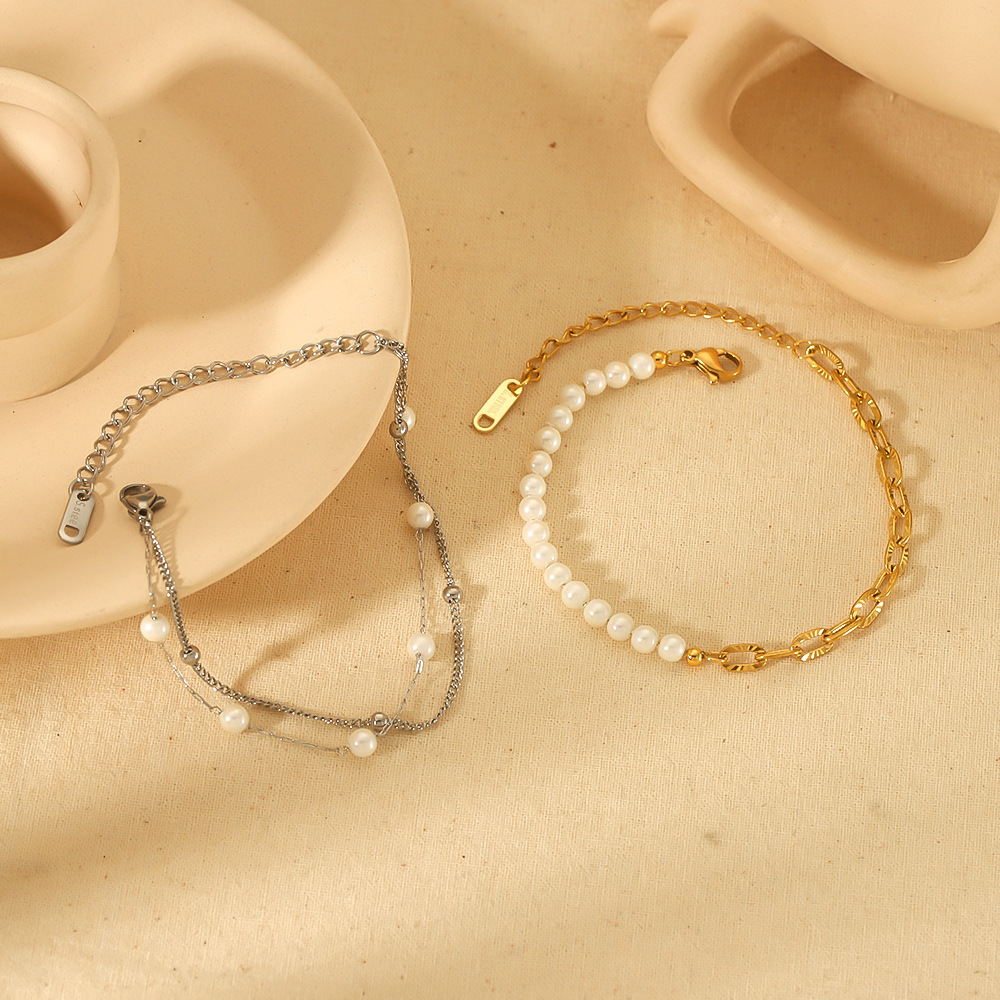 Matchy Pearls 18K Double Layers Bracelet in Stainless Steel  Silver (color)