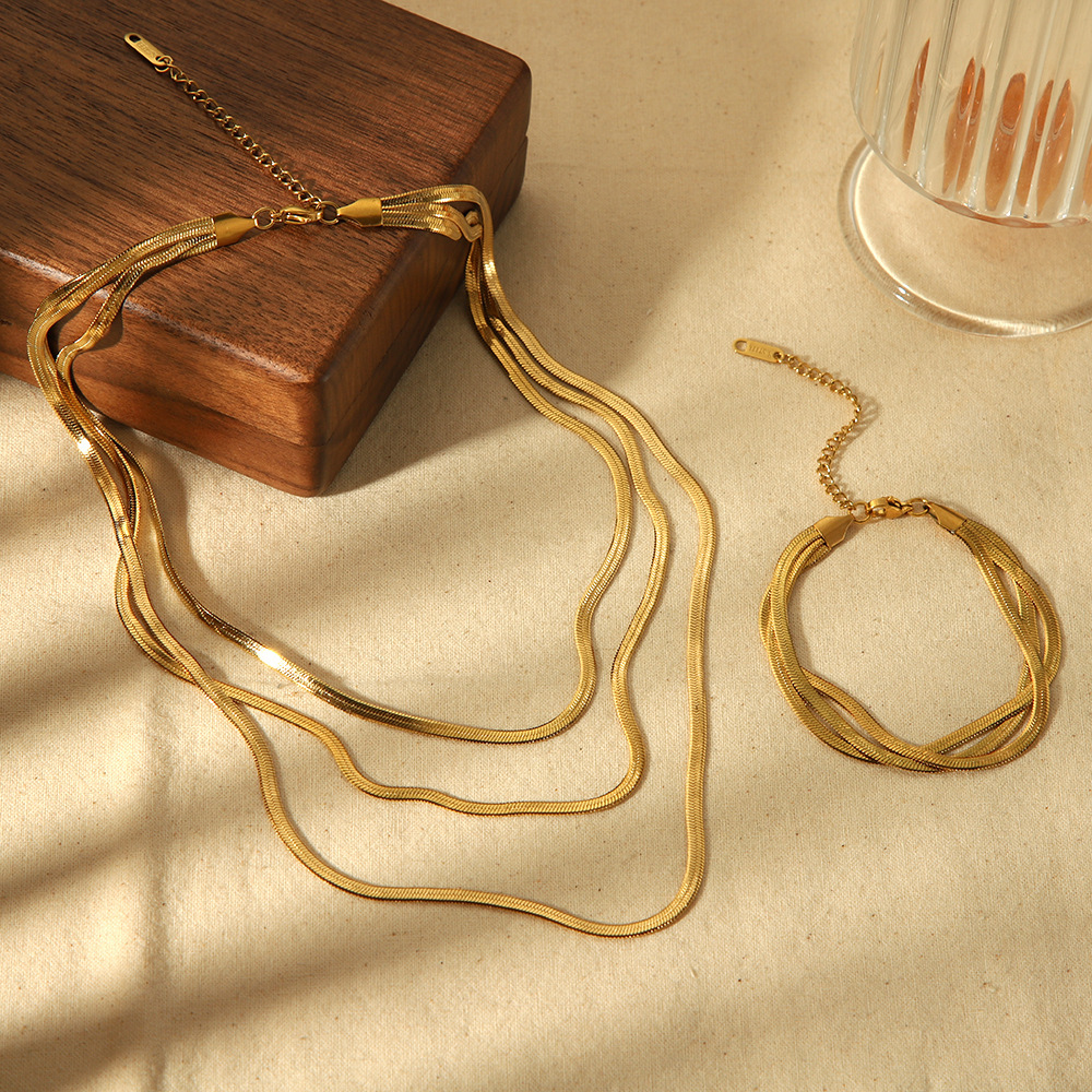 Stainless Steel Necklace Triple Herringbone Chain 18k Gold Plated Stacked Bracelet