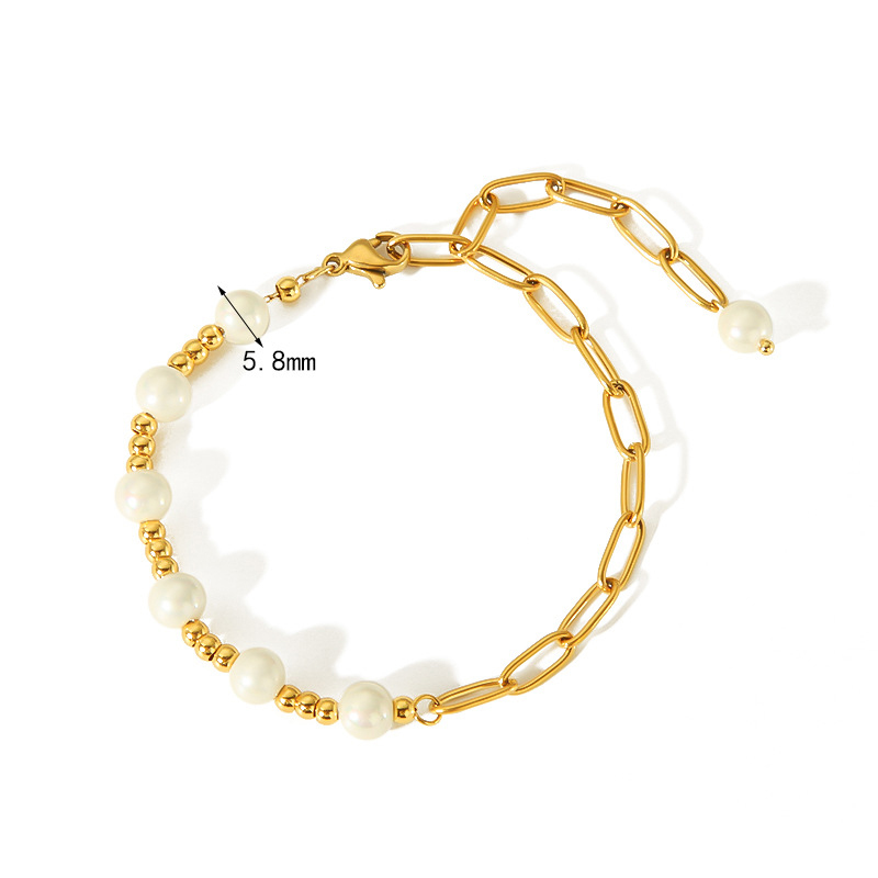 Gold Plated Stainless Steel Chain Spliced Beads and Pearls Bracelet