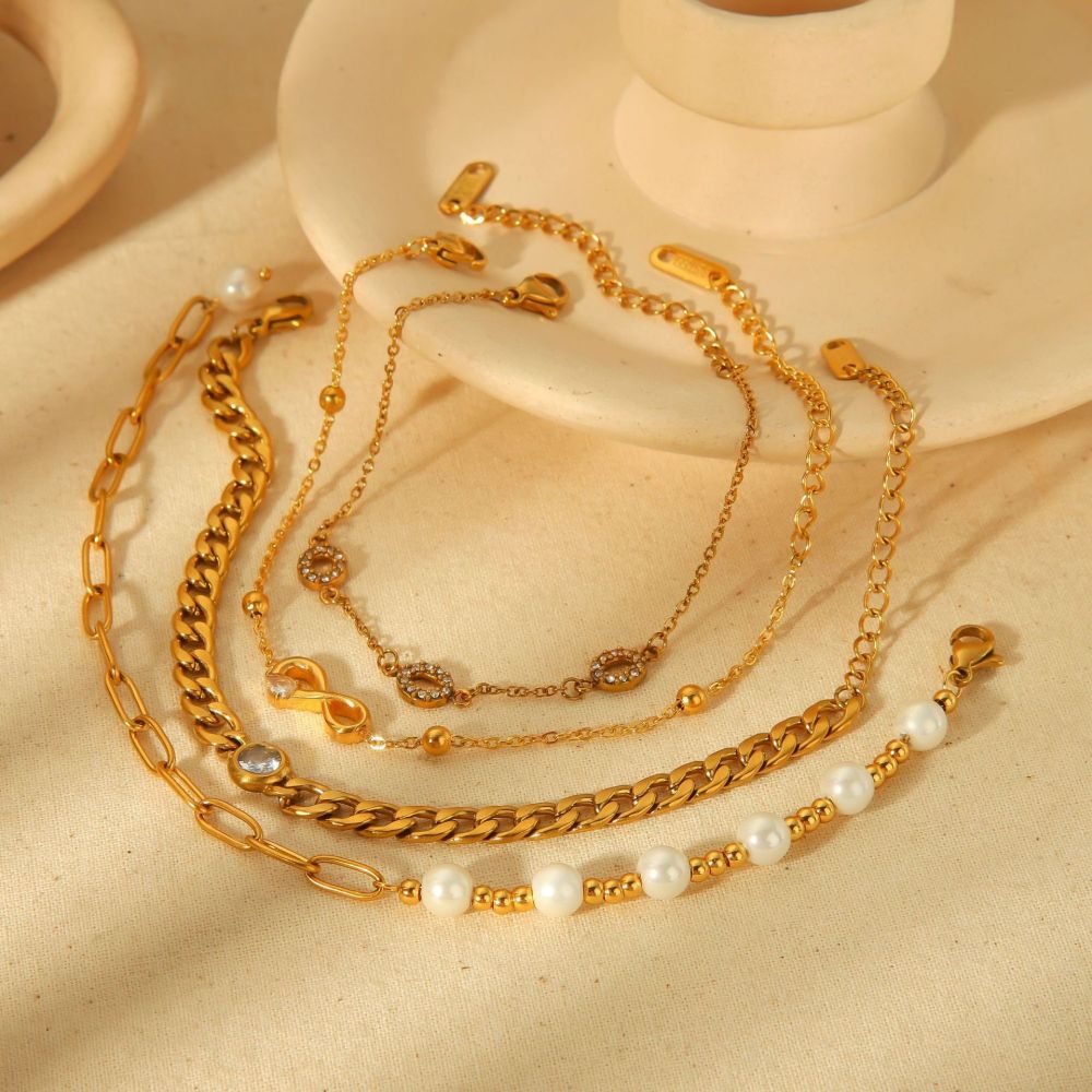 Gold Plated Stainless Steel Chain Spliced Beads and Pearls Bracelet
