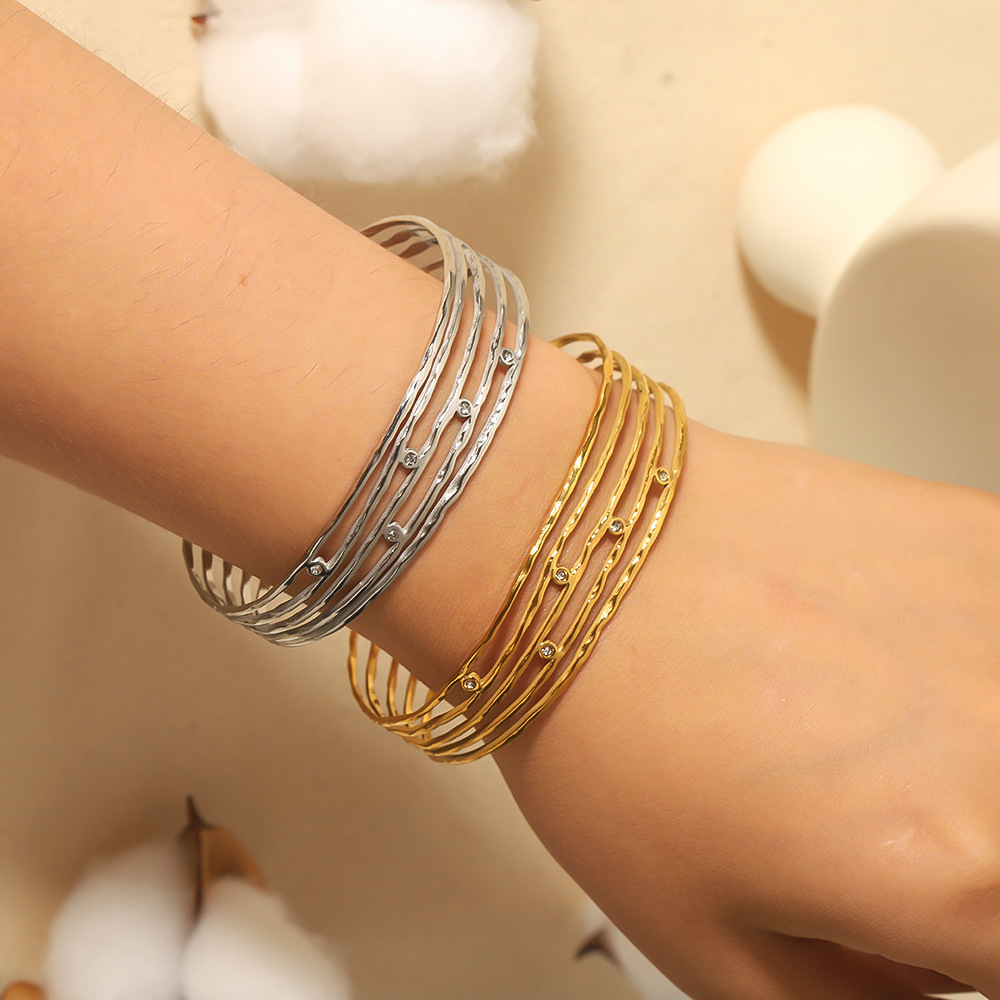 Stainless Steel Multi-Layers Clip On Rhinestone Bangle(gold and silver)