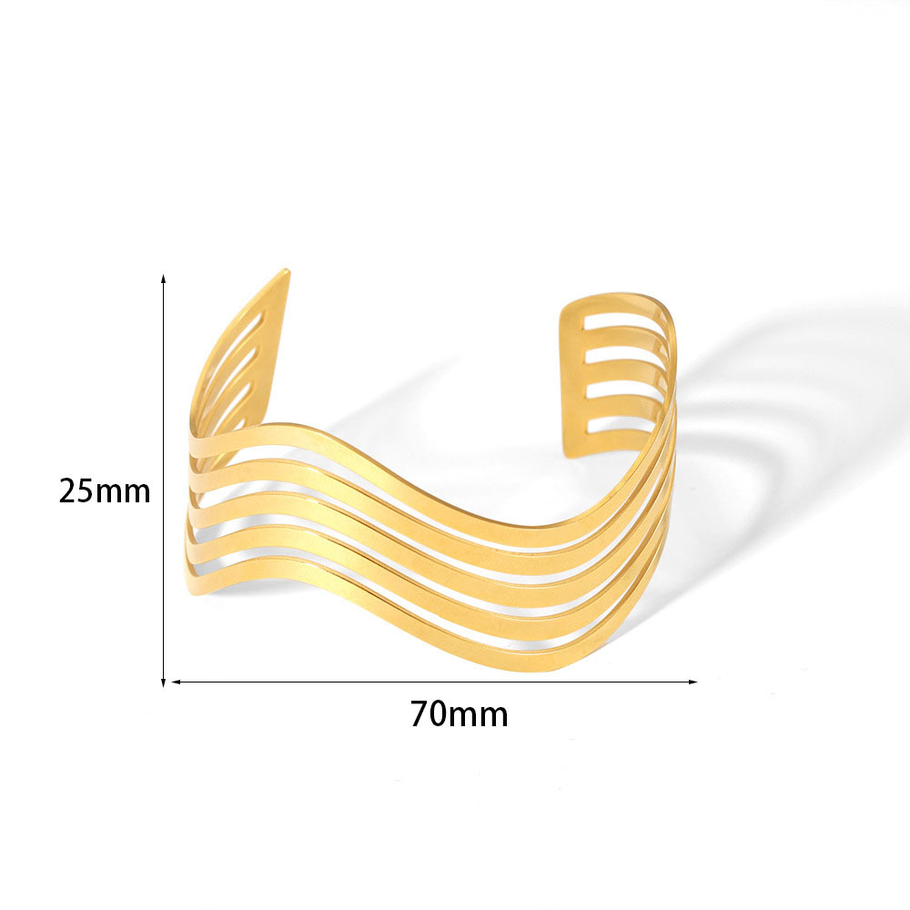 18K Gold Stainless Steel Wide Hollow Wave Bangle (Color in Gold and Silver)