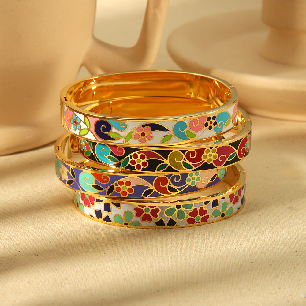 Sweet Colourful Small Flower Enamel Bangle in 316L Stainless Steel