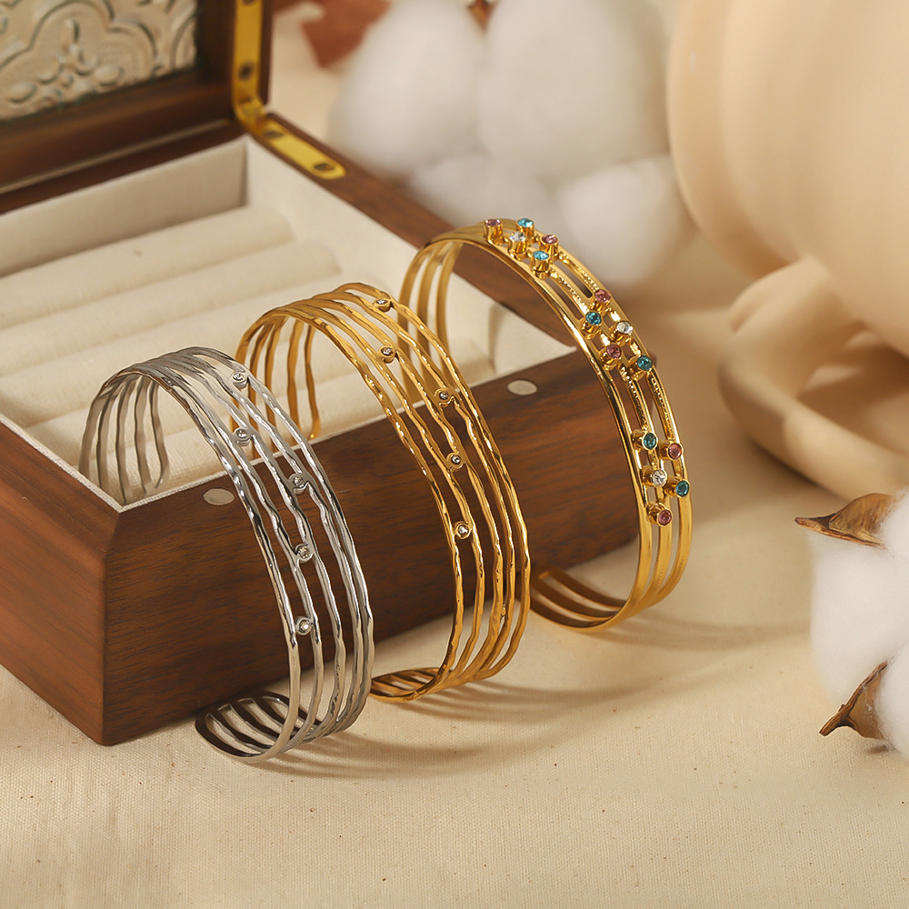 Vintage Stainless Steel Gold Plated Zirconia Open Bangle