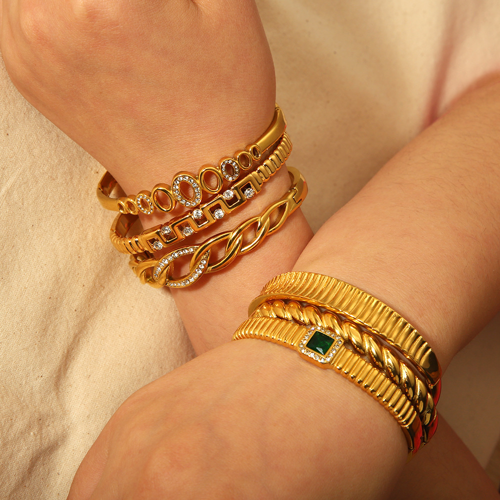 Stainless Steel Geometric Bangle colourfast 18K Gold Plated with Rhinestones