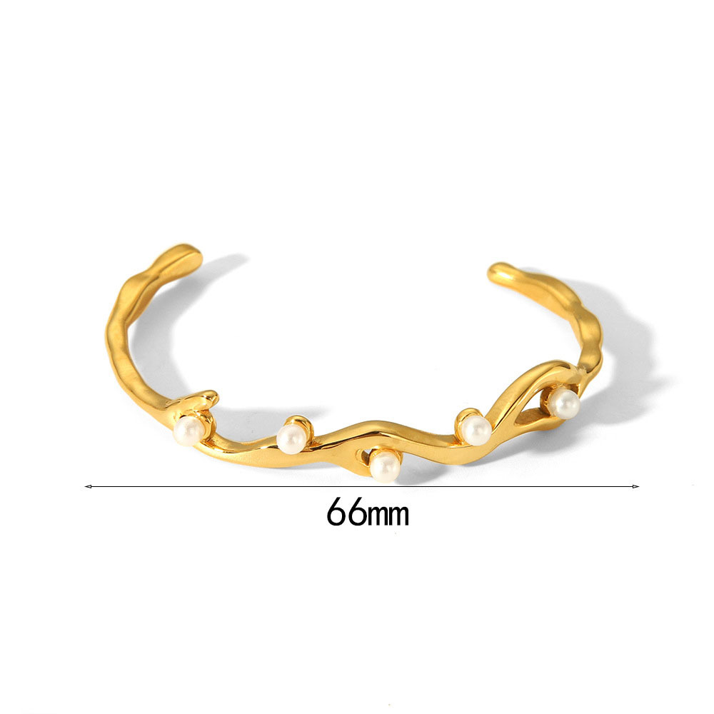 Open Irregular Bangle with Pearls 18k Gold Plated Stainless Steel
