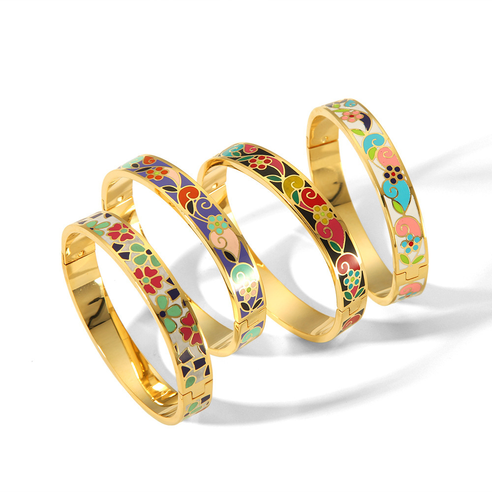Sweet Colourful Small Flower Enamel Bangle in 316L Stainless Steel