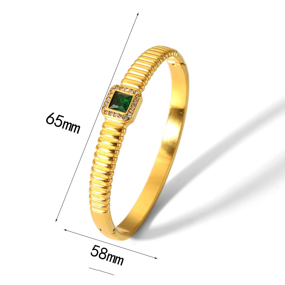 Preppy 316L Stainless Steel Bangle with Square Green Zirconia and White Rhinestones